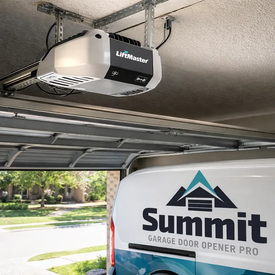 A freshly repaired garage door opener mounted on the ceiling track of a Flower Mound garage, door fully open, wiring and sensors neatly routed.