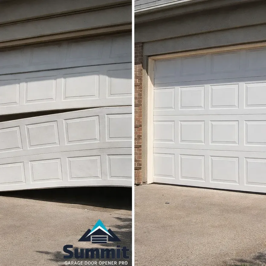 Side-by-side of a sagging, misaligned garage door before repair and the same door hanging level and closed after the fix.