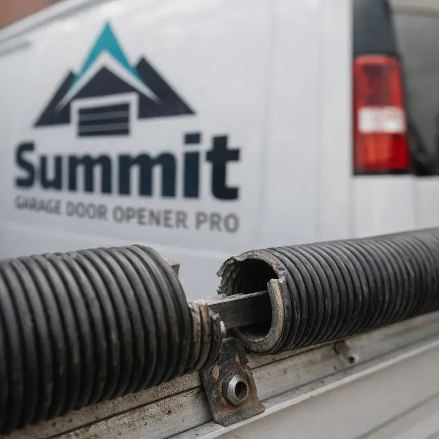 Close-up of a broken garage door torsion spring above a residential garage door, showing the gap where the coil has separated.