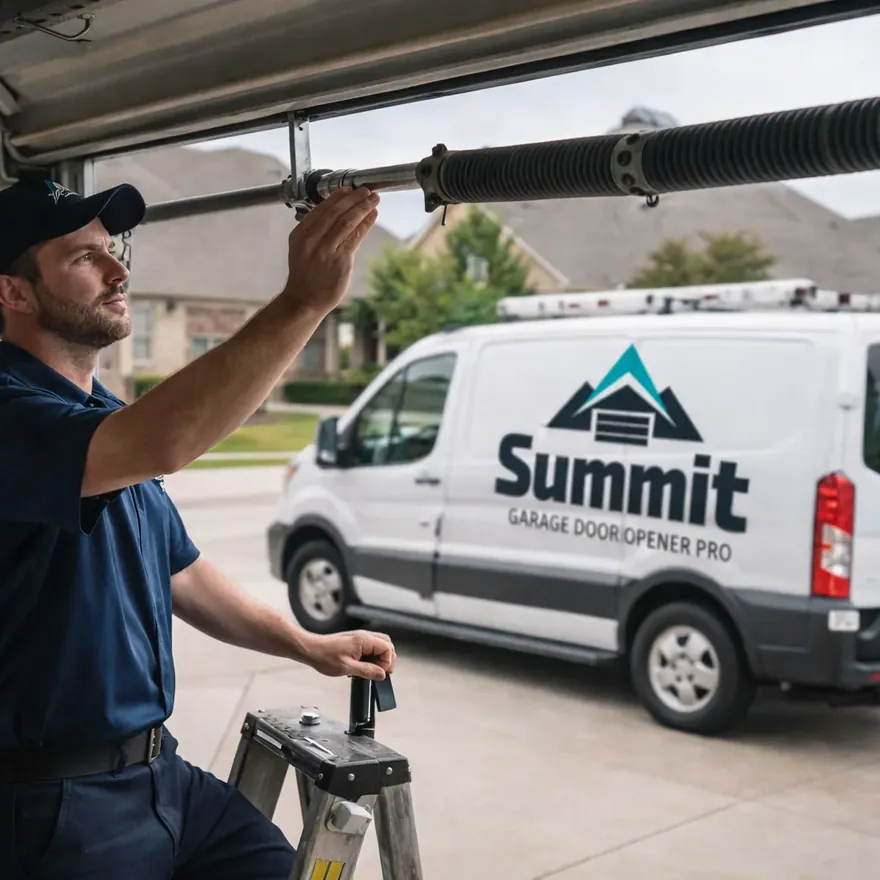 A uniformed Summit Garage Door Opener Pro technician inspecting an open garage door opener rail and torsion spring in a Frisco driveway during daylight, professional and approachable.