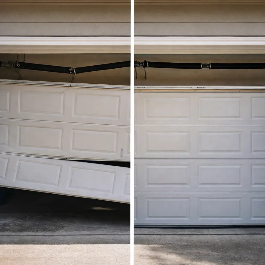 Side-by-side of a garage door sagging on a snapped torsion spring next to the same door sitting level after the spring is replaced.