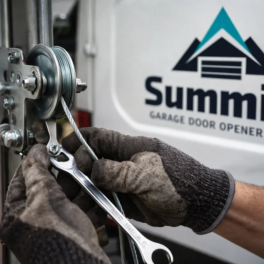 Close-up of gloved hands installing a new steel lift cable and pulley on a garage door track bracket.