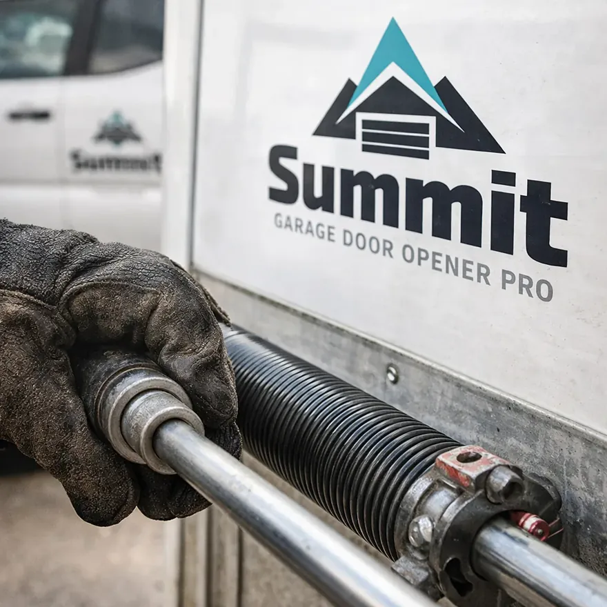 Close-up of a gloved hand tensioning a new torsion spring with a winding bar on a residential garage door header.