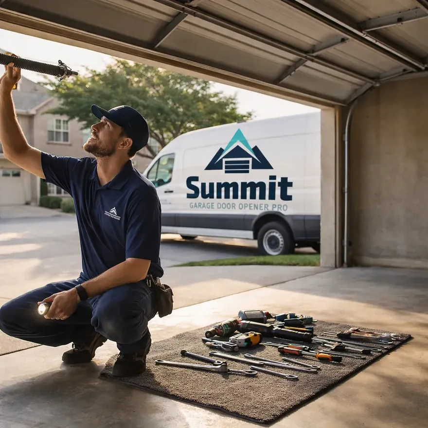 A uniformed technician kneeling beside an open garage door inspecting a torsion spring above the track, tools laid out on a mat, daylight in a North Dallas driveway.