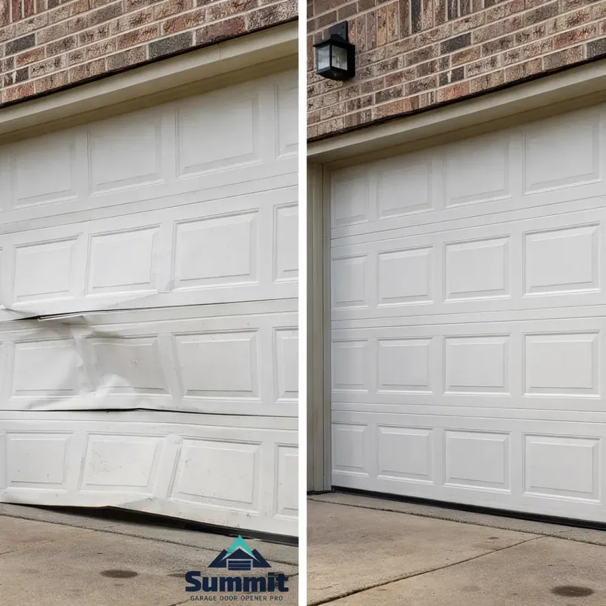 Before-and-after of a McKinney home garage door with a dented panel replaced and the door realigned on its track.