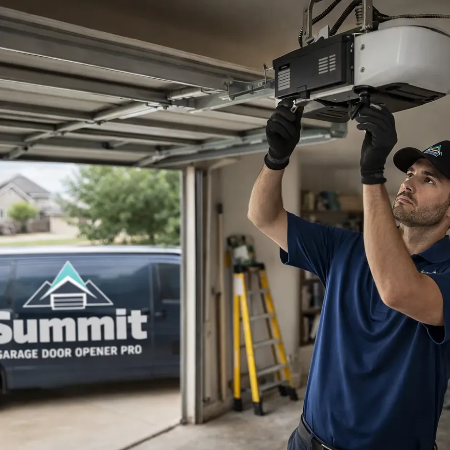 A uniformed Summit Garage Door Opener Pro technician working on an open residential garage door opener mounted on the ceiling of a home garage, daytime, professional and approachable, North Texas suburb setting.
