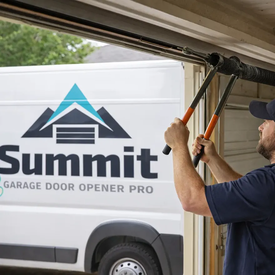 A technician using a winding bar to replace a broken torsion spring above a residential garage door.