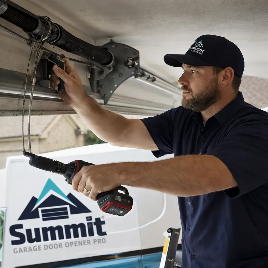 A technician inspecting a torsion spring and cable system above a residential garage door in a North Dallas suburb home.