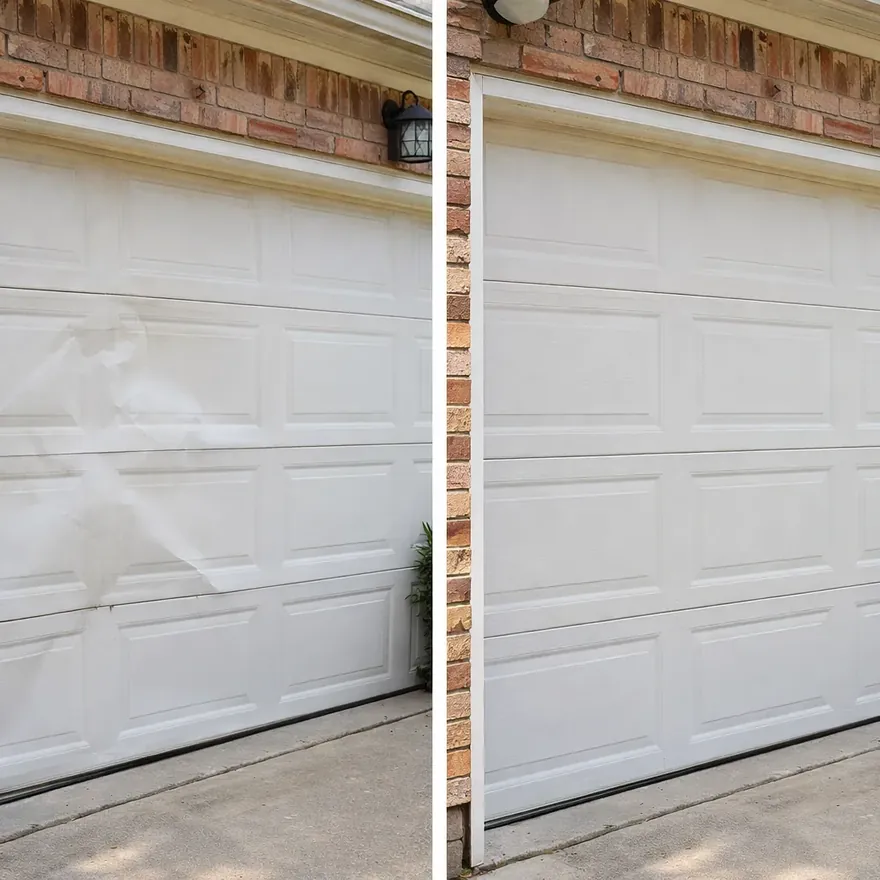 Before-and-after of a dented garage door panel repaired and reinstalled on a suburban Plano home.