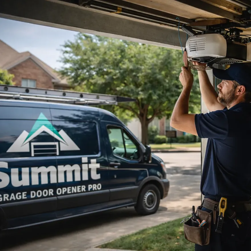 A uniformed Summit Garage Door Opener Pro technician repairing a residential garage door opener in Plano, TX, daylight, driveway setting.