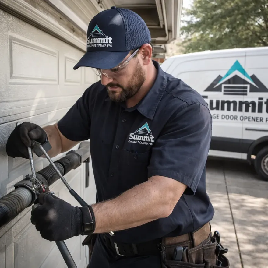 A technician replacing a broken torsion spring on a residential garage door in a Plano, TX driveway.
