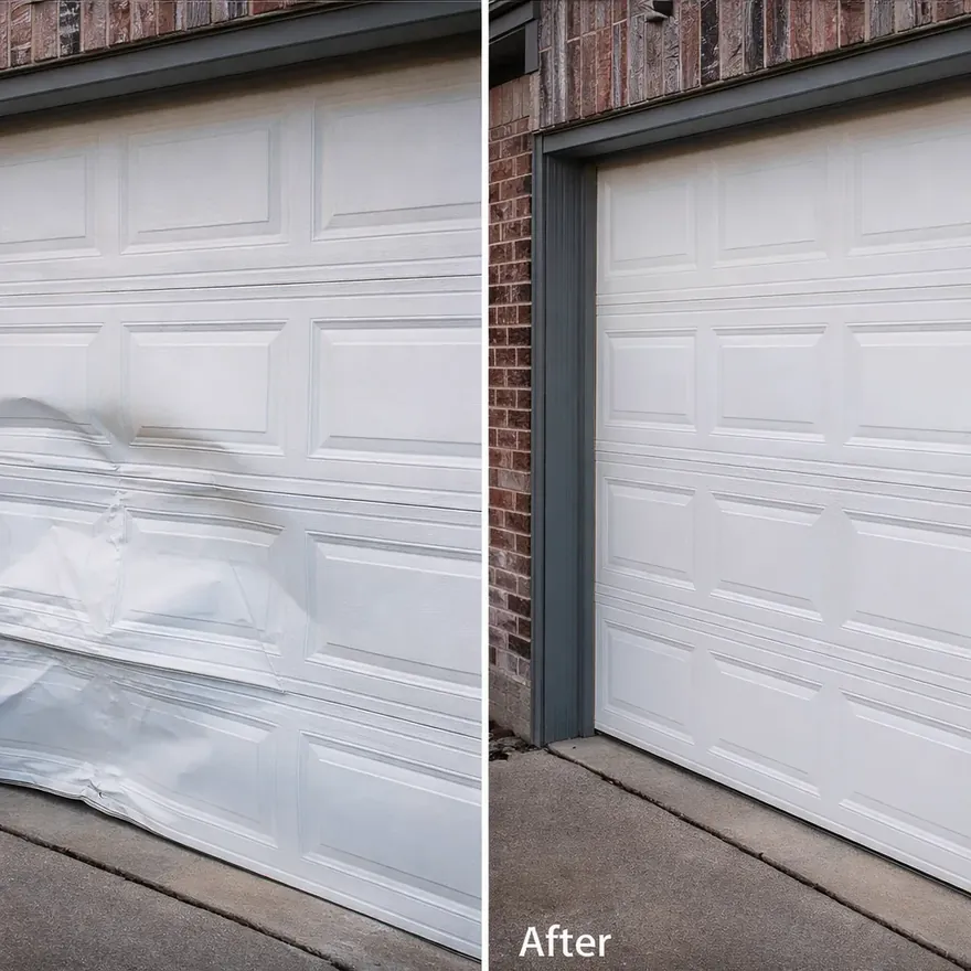 Before-and-after of a dented garage door panel repaired and reinstalled on a suburban North Dallas home.