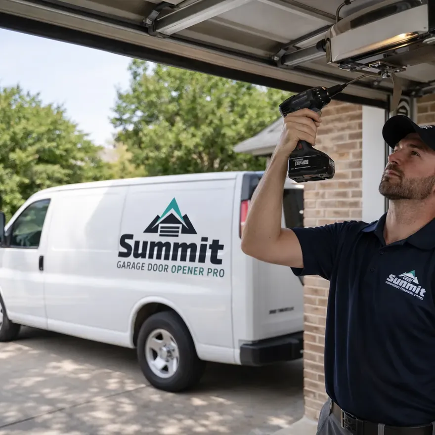 A uniformed Summit Garage Door Opener Pro technician repairing a residential garage door opener in Richardson, TX, daylight, driveway setting.