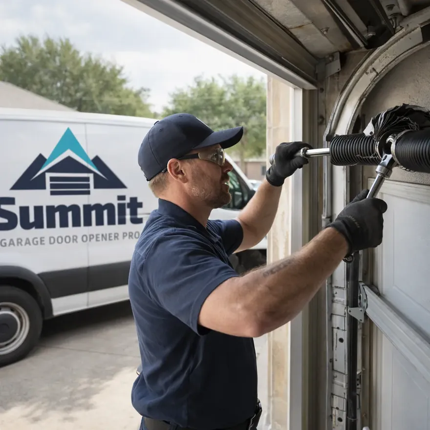 A technician replacing a broken torsion spring on a residential garage door in a North Dallas driveway.