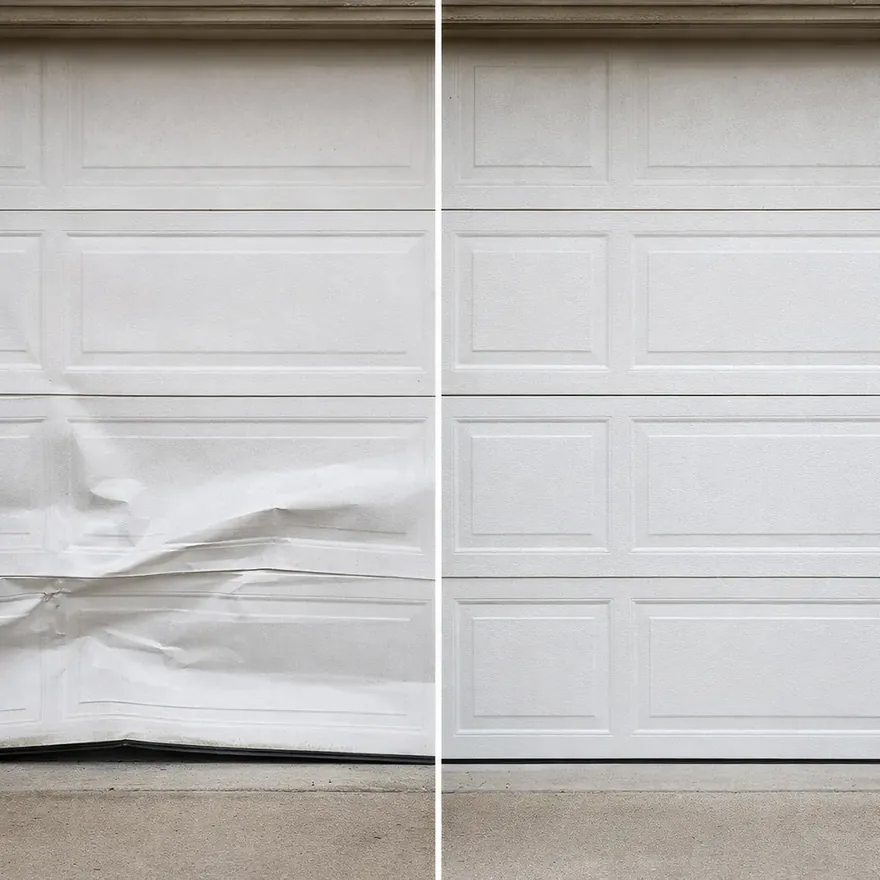 Side-by-side of a damaged, dented garage door panel next to the same door after panel repair, clean and aligned.