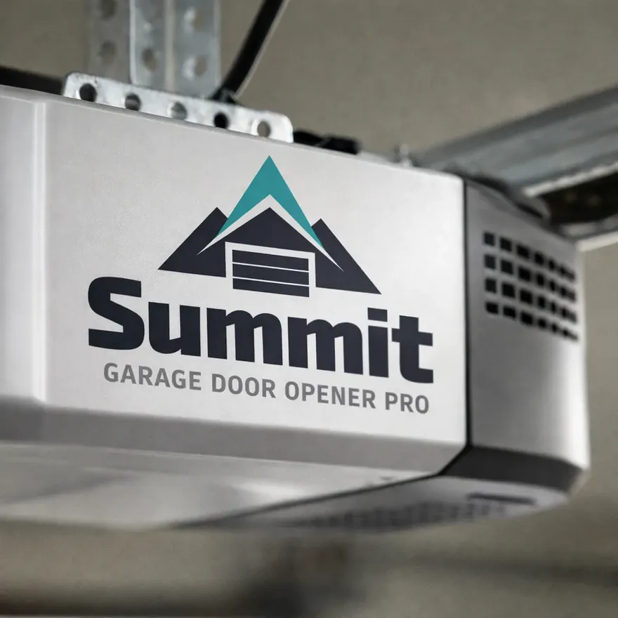 Close-up of a newly installed smart garage door opener motor unit mounted on the ceiling track.