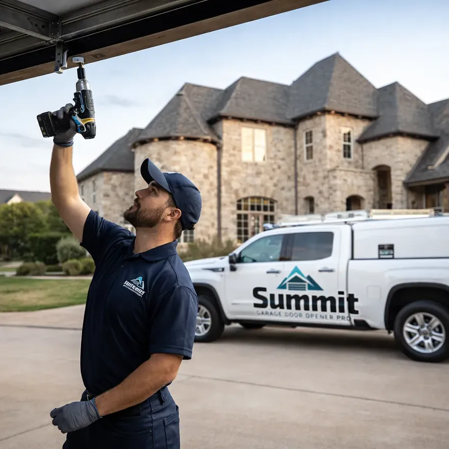 A uniformed technician working on an open garage door opener rail in the driveway of a large custom home typical of the Southlake area, daylight.