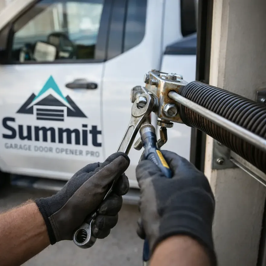 Close-up of a technician's gloved hands adjusting a garage door spring or opener bracket, showing tools and hardware in detail.