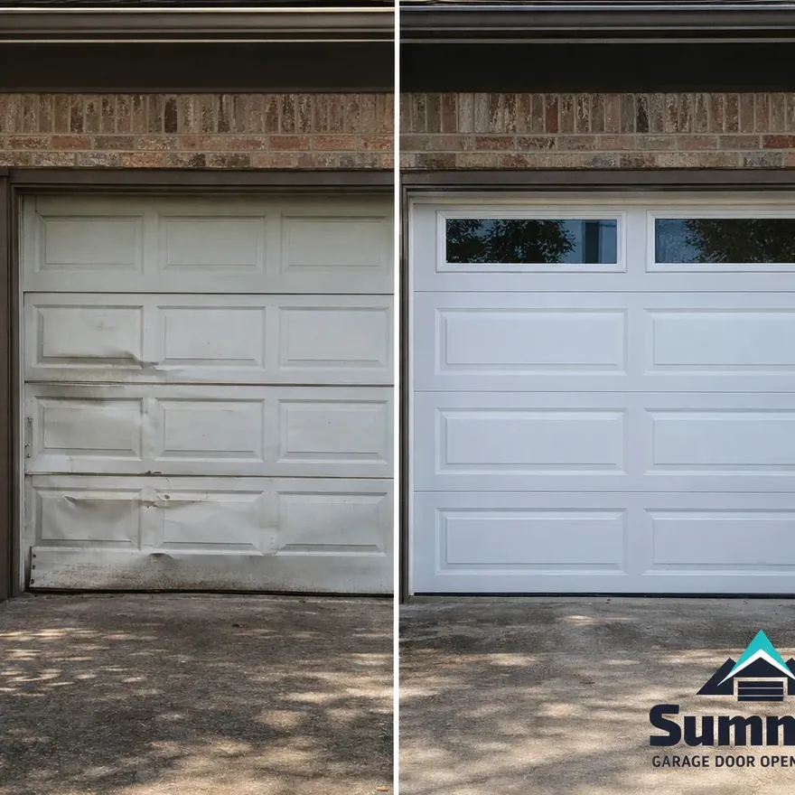 Side-by-side of a worn, dented steel garage door before replacement next to the same garage with a new insulated door installed.