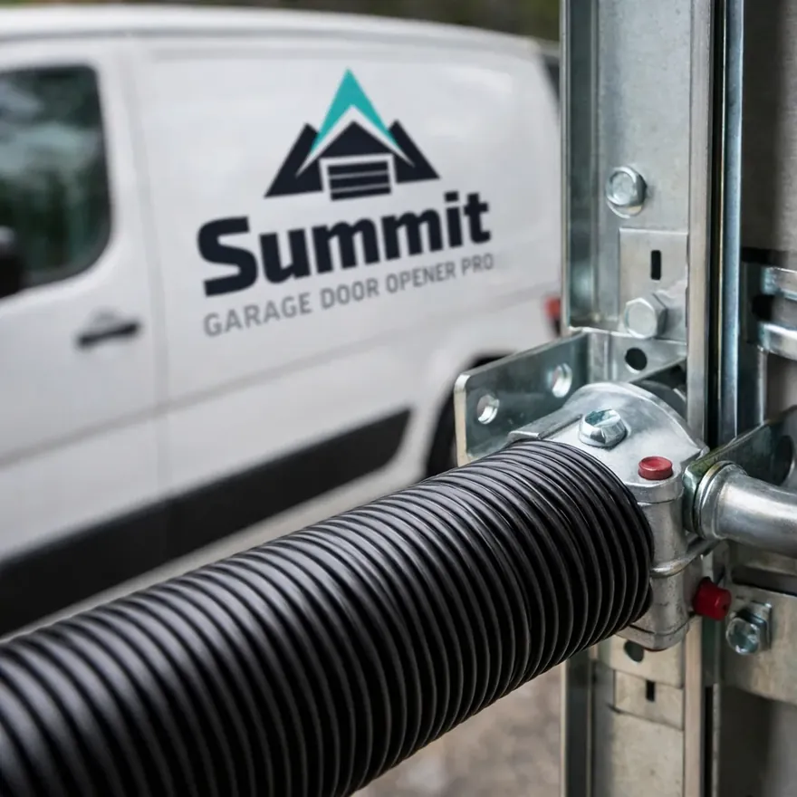 Detail shot of a new torsion spring and track hardware installed during a door replacement.