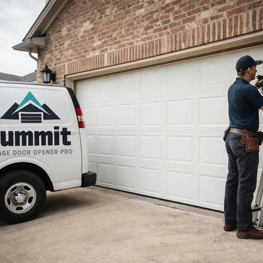 A newly installed insulated garage door on a North Dallas home, with a technician finishing the installation in daylight.