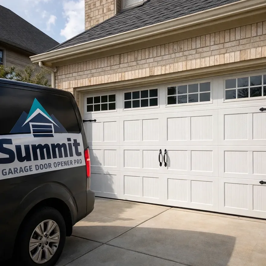 Close-up of a new carriage-style insulated garage door installed on a two-car garage in a Frisco or McKinney subdivision.