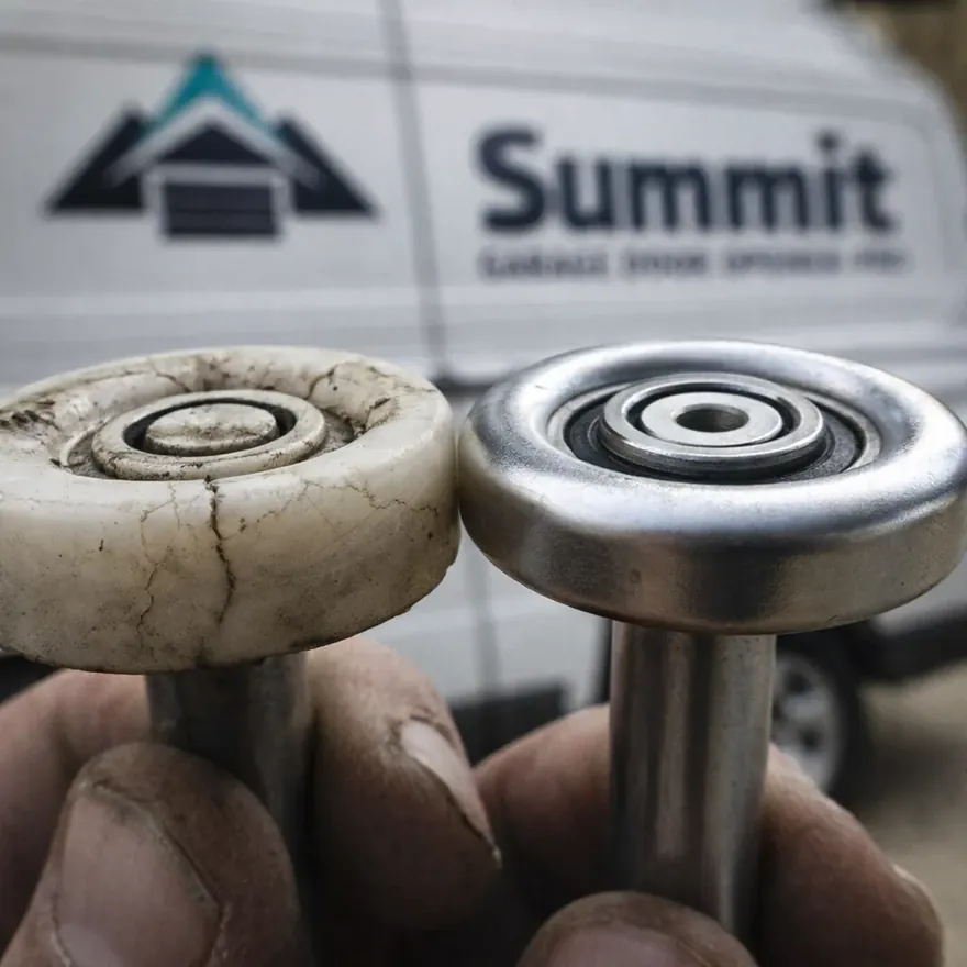 Close-up comparison of a worn, cracked plastic garage door roller next to a new sealed steel roller, held side by side for scale.