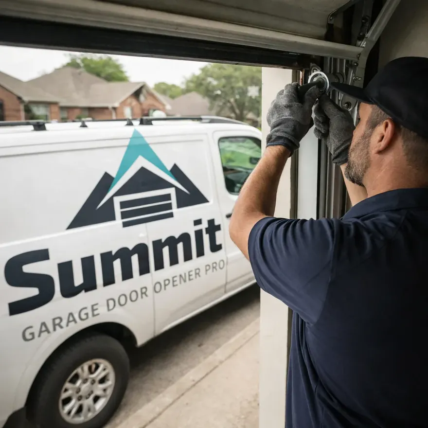 A technician installing a new sealed-bearing roller into the track of an open residential garage door, gloved hands mid-install, daylight.