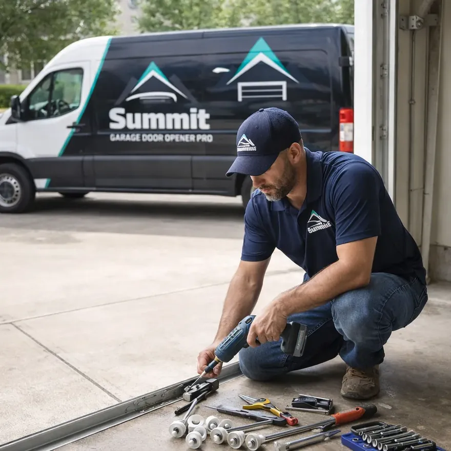 Wide shot of a technician crouched at the base of an open garage door with tools laid out, mid-installation of a new roller set.