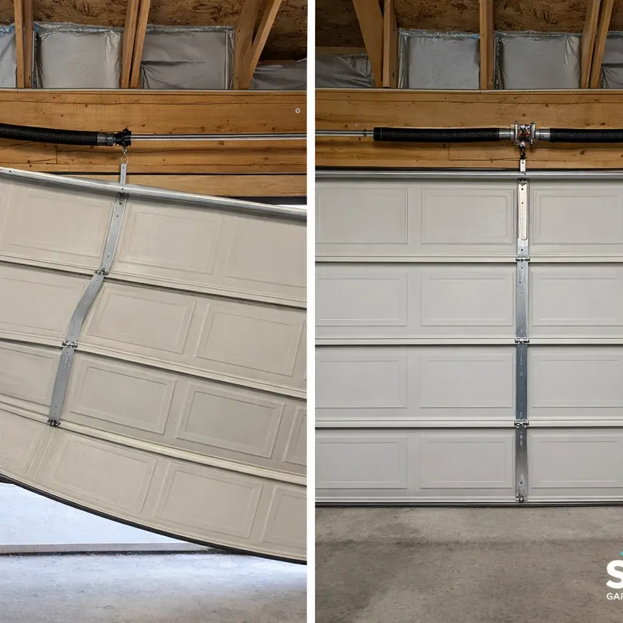 Side-by-side of a garage door hanging crooked on a snapped torsion spring next to the same door sitting level and balanced after the new spring is installed.