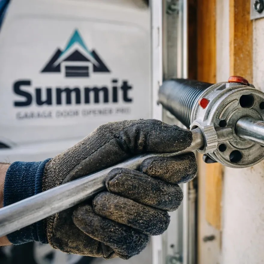 Close-up of a gloved hand using a winding bar to set tension on a new torsion spring mounted above a residential garage door.