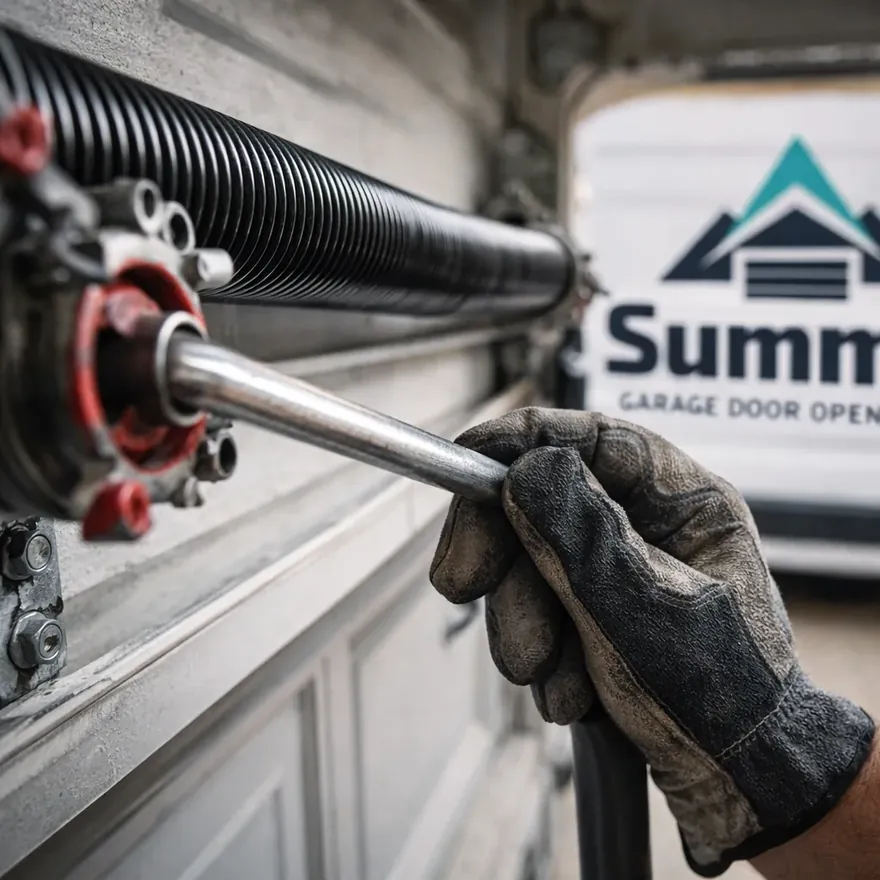Close-up of a gloved hand using a winding bar to set tension on a new torsion spring mounted above a residential garage door header.