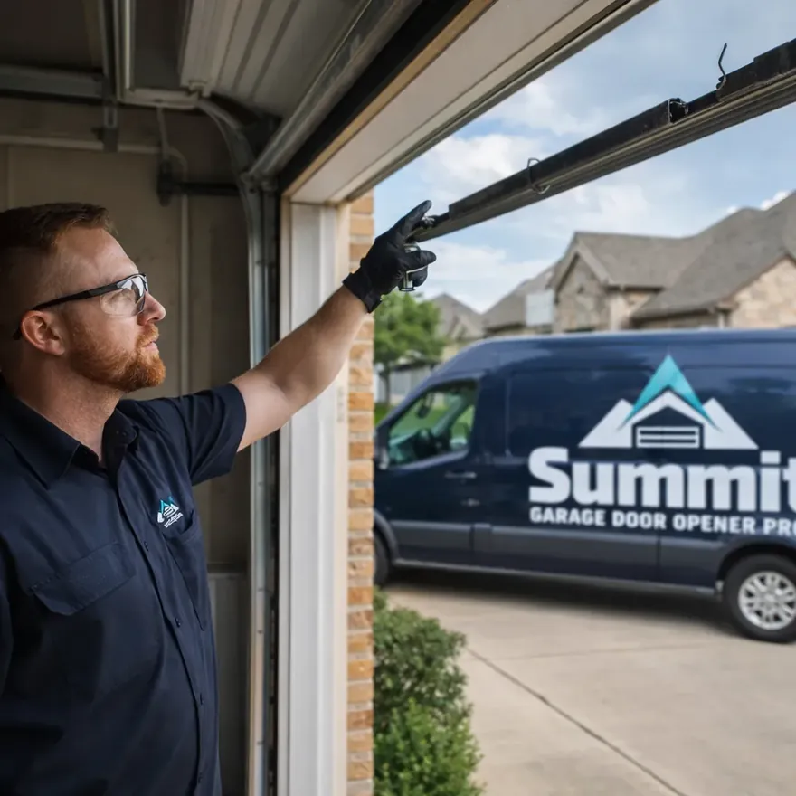 A technician wearing gloves and safety glasses standing beside an open garage door, pointing to a broken torsion spring above the track in a North Dallas driveway.