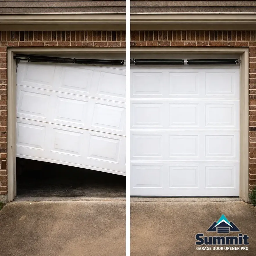 Side-by-side of a garage door sagging unevenly on a snapped torsion spring next to the same door sitting level after the new spring is installed.