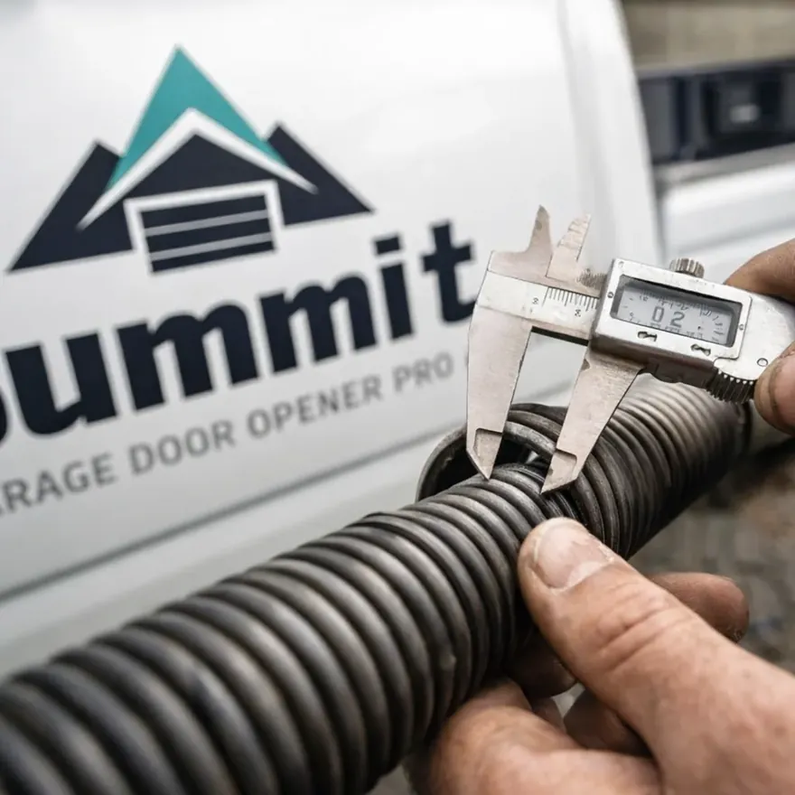 A technician using calipers to measure the wire gauge of a torsion spring coil before selecting the replacement part.