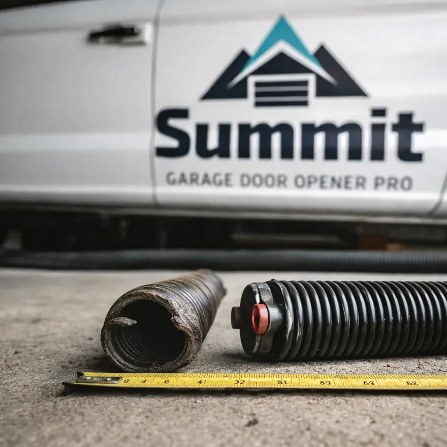 Close-up of a broken torsion spring coil resting beside a new matched replacement spring on a garage floor, showing the size difference technicians measure before ordering parts.