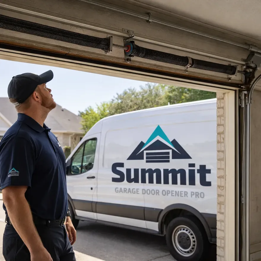 A uniformed technician standing beside an open garage door, looking up at the torsion spring assembly mounted above the header in a North Dallas driveway.
