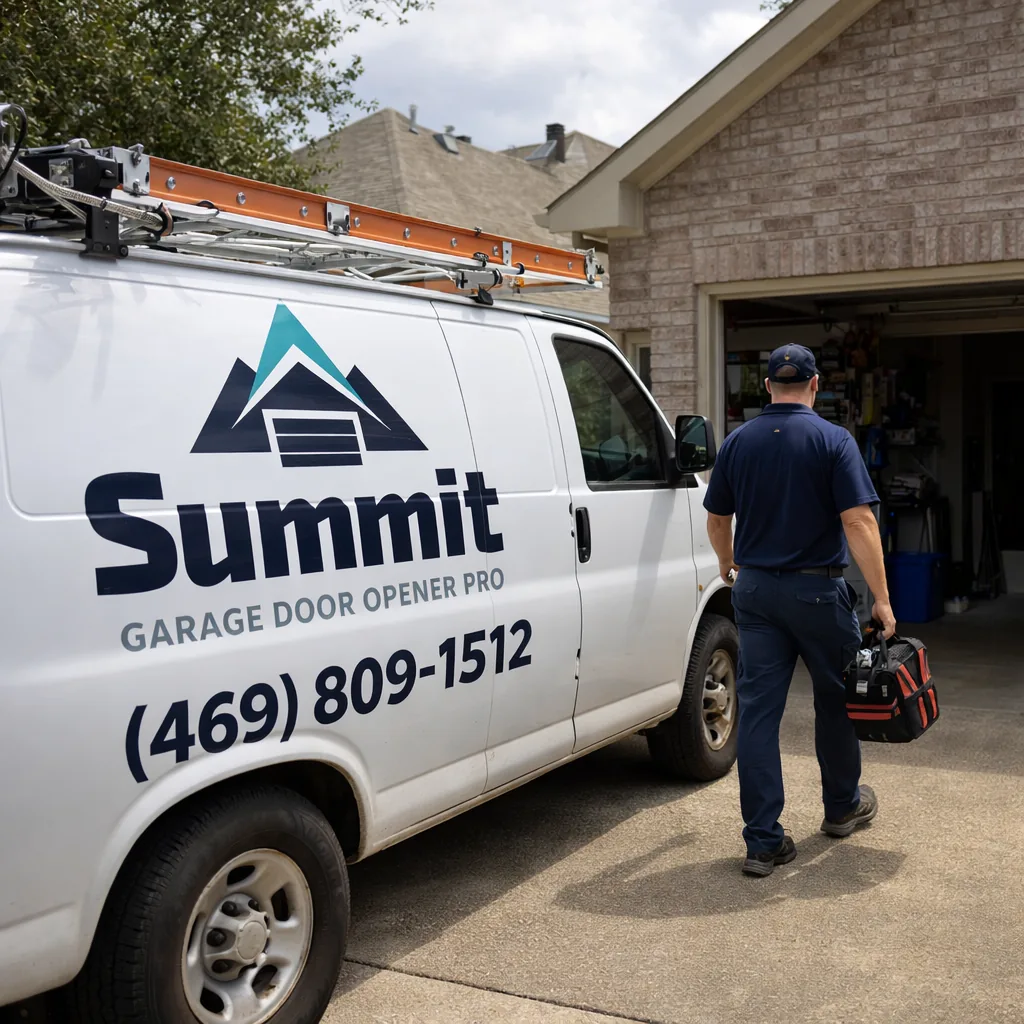 A technician's van parked in a Plano, TX driveway with tools laid out beside an open garage door, mid-repair.