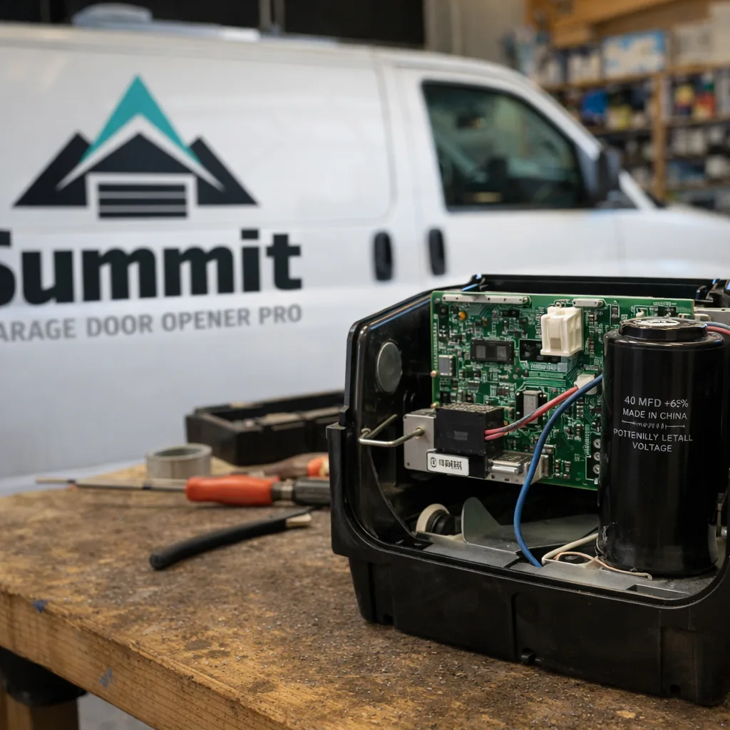 An opened garage door opener motor housing on a workbench showing the circuit board and capacitor exposed for inspection.